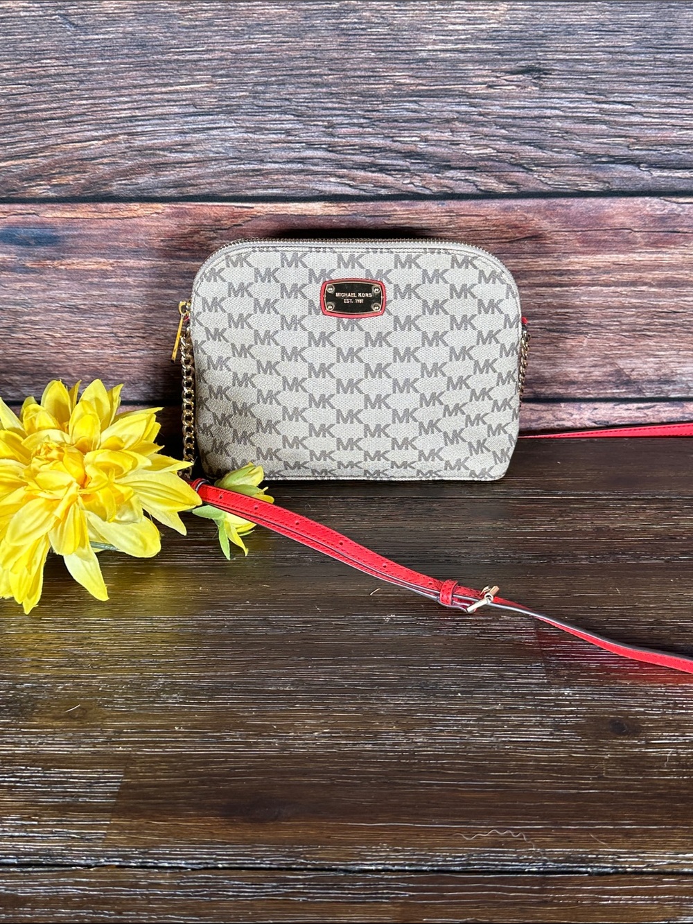 Michael Kors Cindy Beige MK Monogram Crossbody with Bright Red Strap